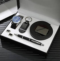 Подарунковий чоловічий набір M975, ремінь, ручка, брелок, годинник, запонки, фото 2