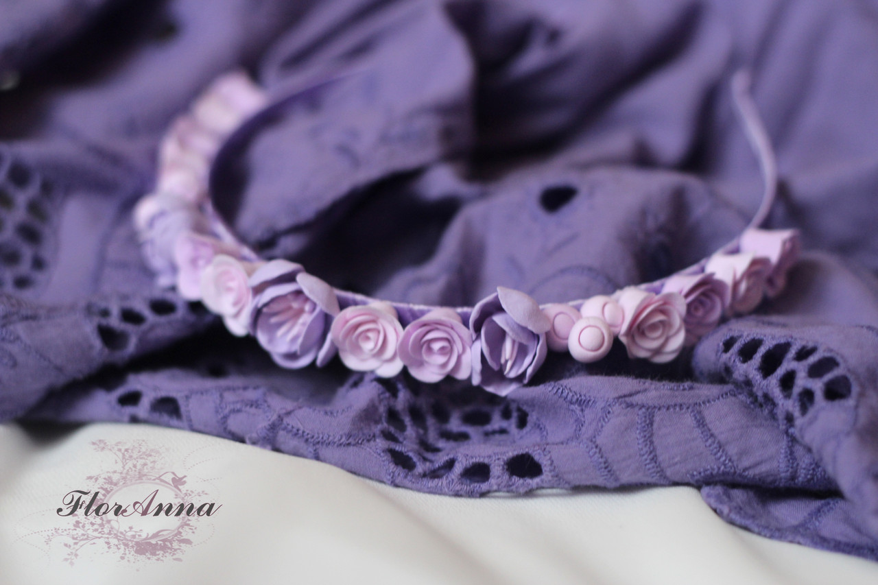 "Ніжний фіолет" обруч/віночок із трояндами з полімерної глини