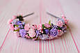 Обруч на голову / ободок для волосся з квітами рожево-фіолетовий 567, фото 2
