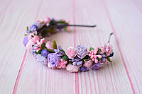 Обруч на голову / ободок для волосся з квітами рожево-фіолетовий 567