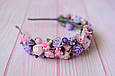 Обруч на голову / ободок для волосся з квітами рожево-фіолетовий 567, фото 3