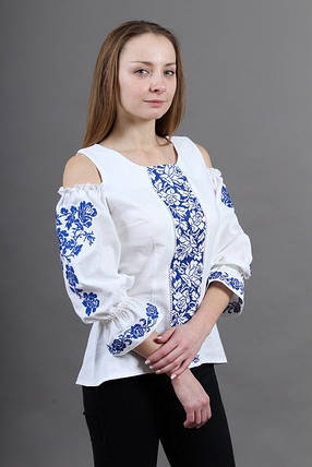 Вишиванка жіноча Аура квітів біла з синім, фото 3