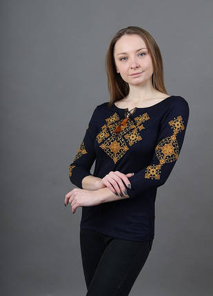 Вишита футболка жіноча синій з золотим, фото 1