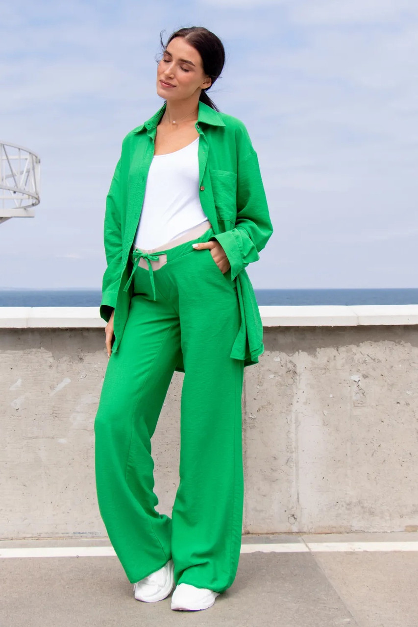 Зелений літній костюм для вагітних та годуючих зі штанами м'який з легкої бавовняної тканини, 5331711-З