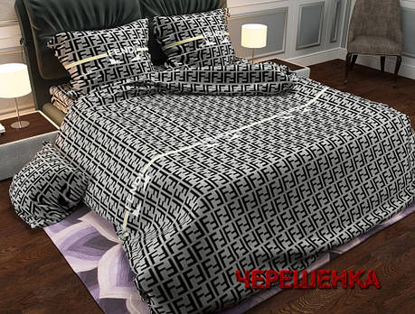 Тканина для постільної білизни Бязь "Gold" Lux GL3733grey (50м) принт fendi на сірому, фото 1