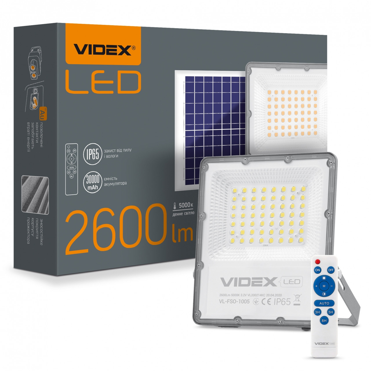 LED прожектор автономний на сонячній батареї VIDEX 30W 5000K