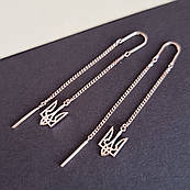 Сережки протяжки срібні із позолотою Тризуб - герб України без камінців