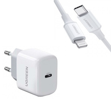Зарядное устройство Ugreen Quick charge 4.0 PD 3.0 20W + Кабель Ugreen MFi USB-C to Lightning 1M (CD241)