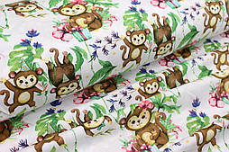 Тканина бязь "Веселі мавпочки в джунглях" на білому тлі № Е-1995