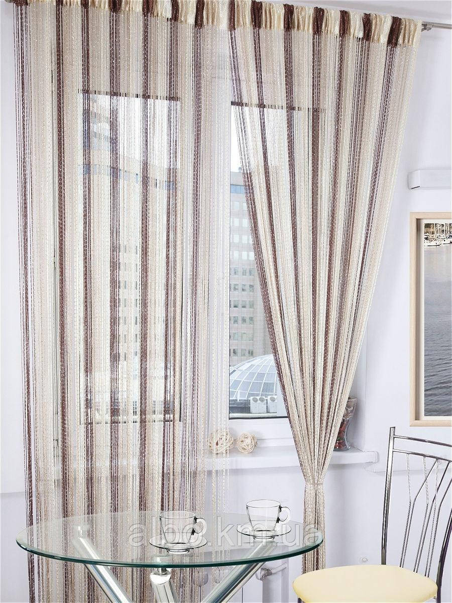 Тюль з нитковими шторами для будинку спальні кімнати, штора з ниток в зал кухню Коричнево-золото-бежевий (NL-302)