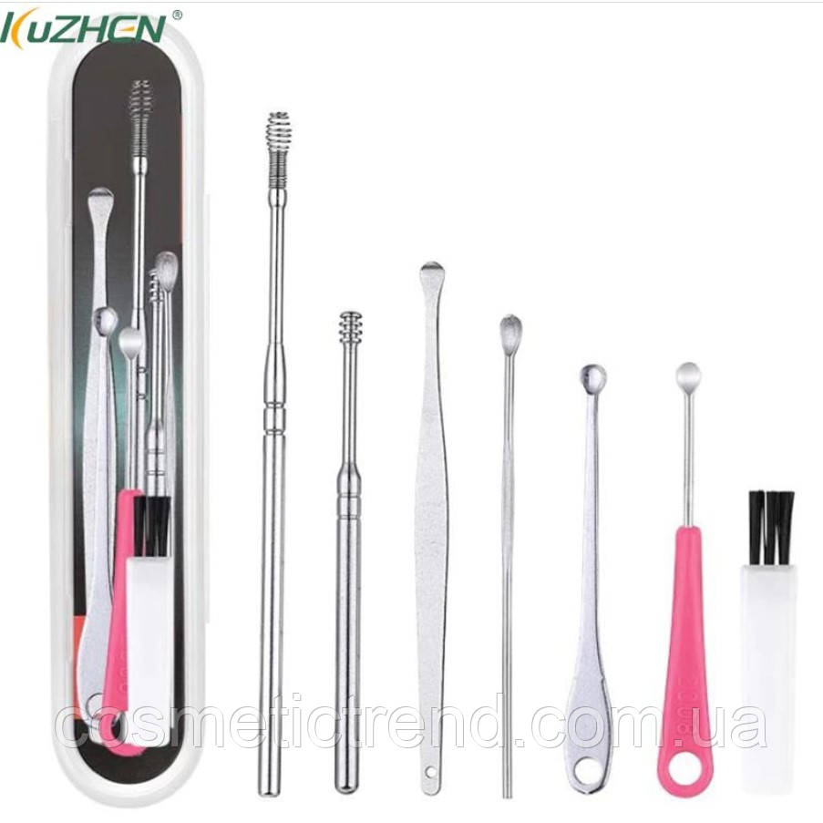 Інструменти для чищення вух косметологічні професійні (набір 7 предметів + кейс пластиковий)