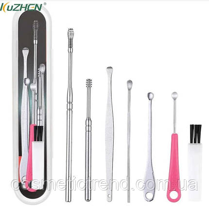 Інструменти для чищення вух косметологічні професійні (набір 7 предметів + кейс пластиковий), фото 1