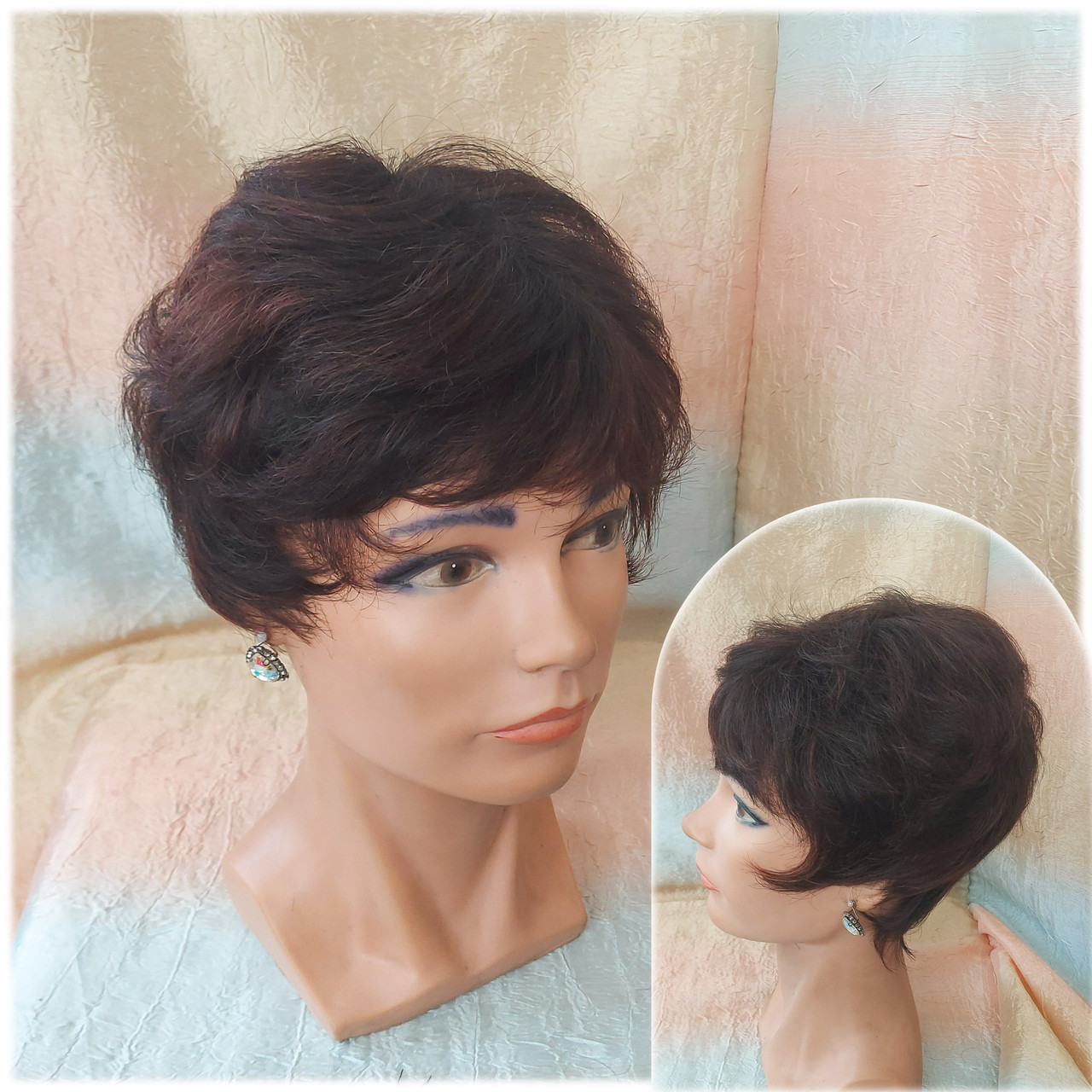 Перука з натурального волосся короткий темно-каштановий мікс 1703-2Н33, фото 1