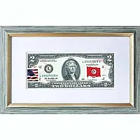 Банкнота США 2 доллара 2013 с печатью USPS, флаг Туниса, Gem UNC в рамке с паспарту (1-сторонняя)