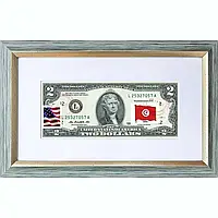 Банкнота США 2 доллара 2013 с печатью USPS, флаг Туниса-01, Gem UNC в рамке с паспарту (1-сторонняя)