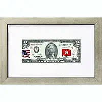 Банкнота США 2 доллара 2013 с печатью USPS, флаг Туниса-01, Gem UNC в объемной рамке с паспарту