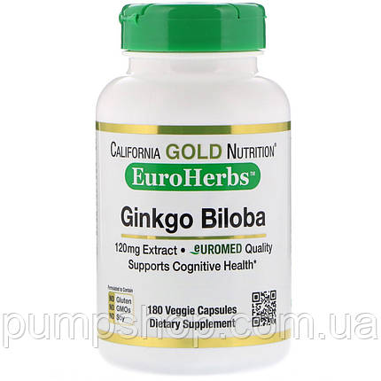 Гінкго Білоба California Gold Nutrition EuroHerbs Ginkgo Biloba 120 мг 180 капс., фото 2