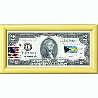 Банкнота США 2 доллара 2013 с печатью USPS, флаг Багамских островов, Gem UNC в пластиковой рамке