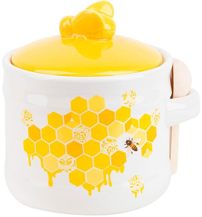 Керамічна банка-медівниця з дерев'яною ложкою "Sweet Honey" 450мл, біла з жовтим