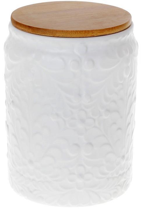 Банка Ceram-Bamboo для сипучих продуктів 1.1л, біла матова кераміка з бамбуковою кришкою