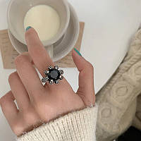 Кольцо Лагрима черное солнце с большим черным цирконом /регулирующийся размер/ модное кольцо/ покрытие