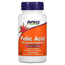 Фолієва кислота з вітаміном В12 NOW Foods "Folic Acid with Vitamin B-12" 800 мкг (250 таблеток)