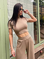 Женский костюм брючный с брюками клеш и укороченной футболкой из трикотажа рубчик (р. 40-46) 22KO1893