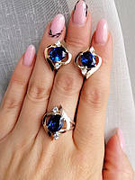 Серебряный набор серьги и кольцо с синими камнями
