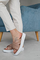 Жіночі шльопанці шкіряні літні бежеві з палітуркою з білою підошвою Розмір: 36,37,38,39,40,41 40