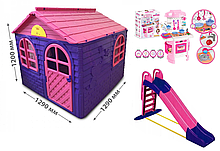 АКЦІЯ НАБІР Дитячий середній ігровий пластиковий будиночок зі шторками, велика пластикова гірка ТМ Doloni і кухня ТехноК