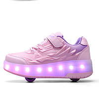 Роликовые светящиеся кроссовки на 2 роликах, USB зарядка, в стиле heelys, розовые (RKL-13)
