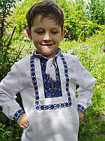 Вышиванка для мальчика "Борислав" с голубой вышивкой, на домотканом полотне, размеры 6-12 лет