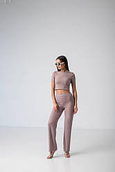 Костюм жіночий літній трикотаж рубчик кавового кольору топ та штани розмір 42-46