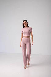 Костюм жіночий літній трикотаж рубчик пудрового кольору топ та штани розмір 42-46