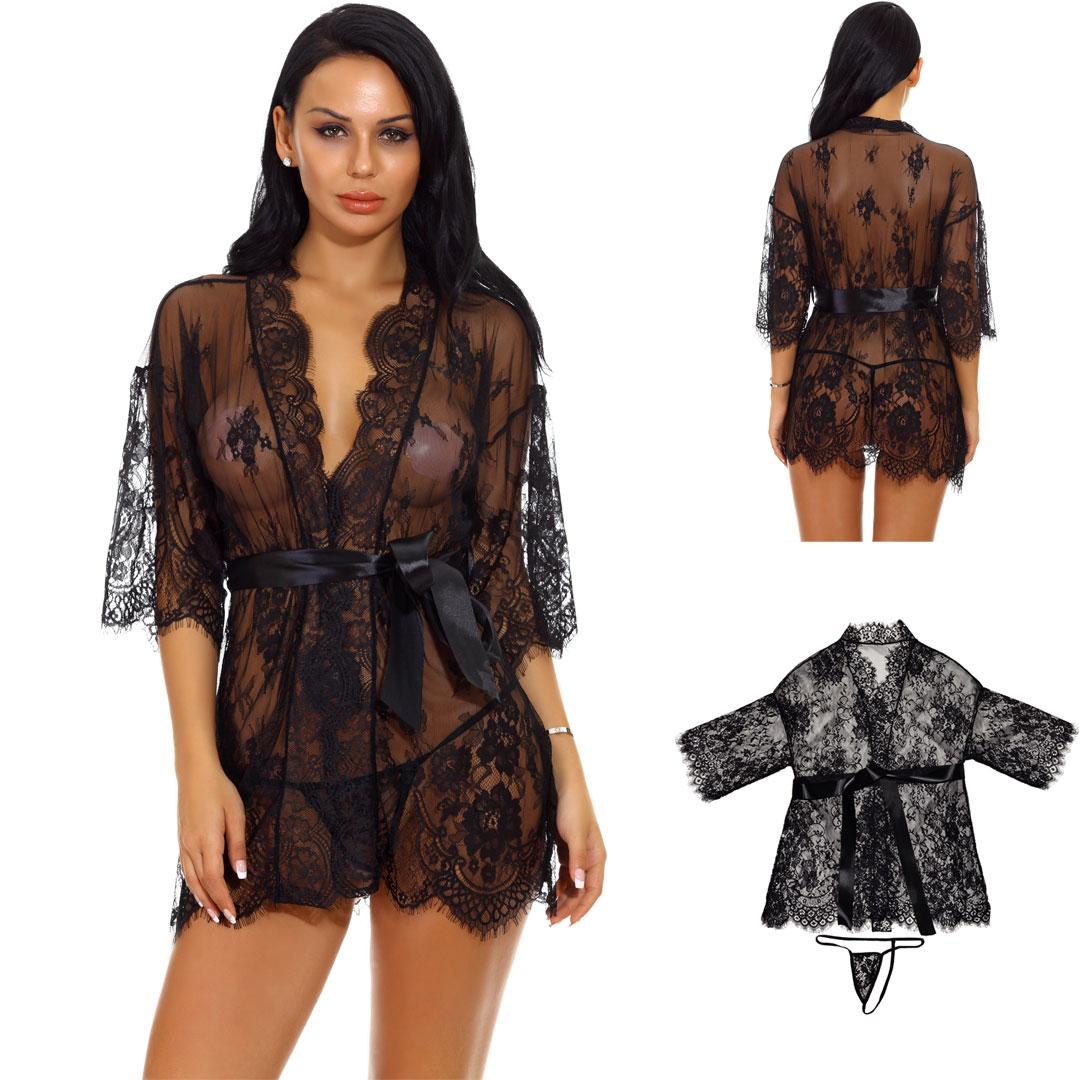 Короткий мереживний халат прозорий чорного кольору розмір XS-S