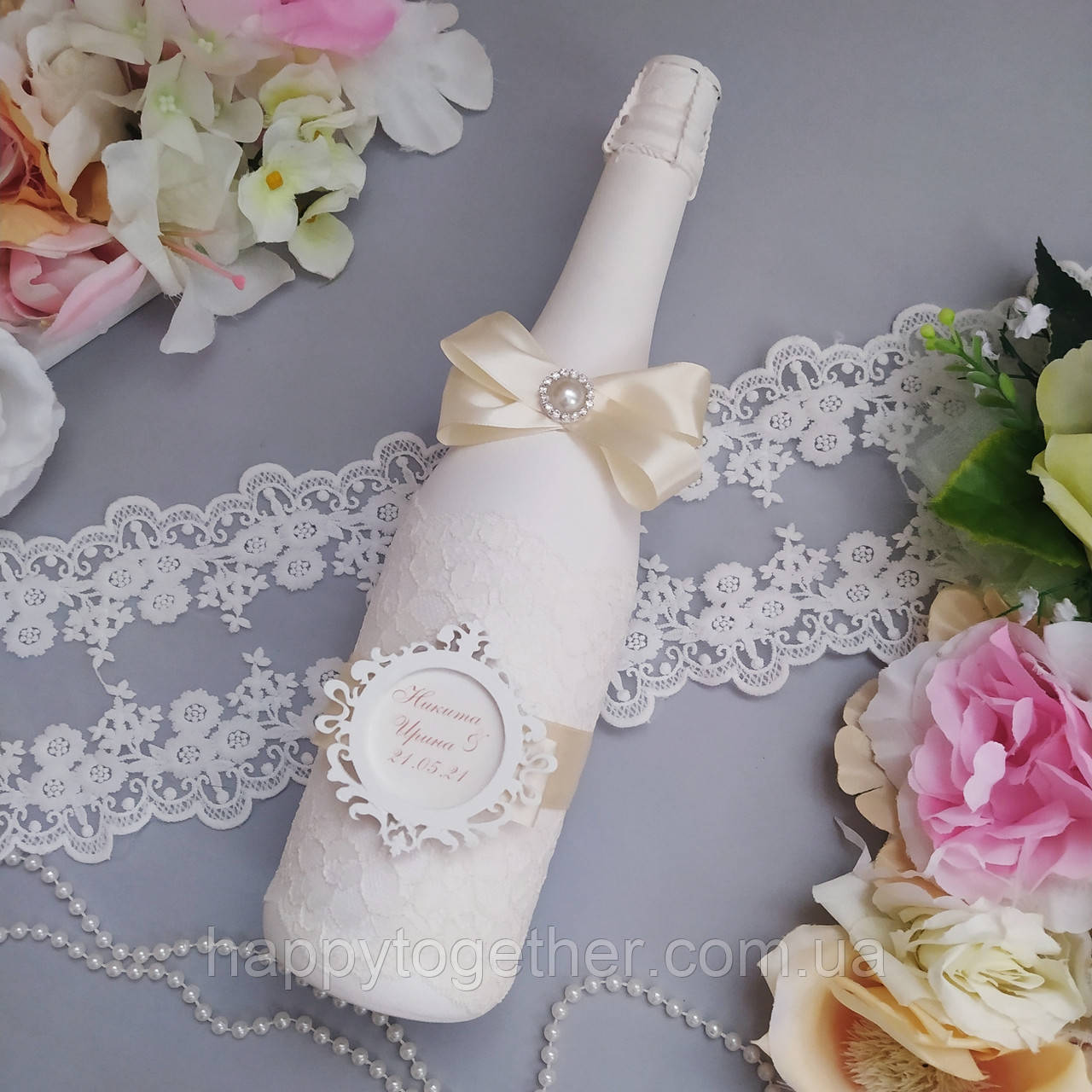 Весільна шампанська декорована з монограмою