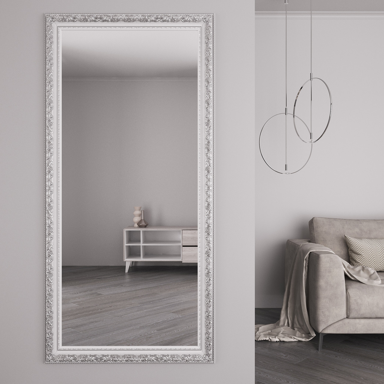 Біле дзеркало у рамі з патиною срібла 176х86 на стіну Black Mirror в студію салон краси