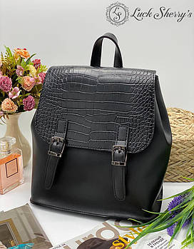 Жіночий рюкзак міський з клапаном 25*28 см штучна шкіра Nata Чорна рептилія