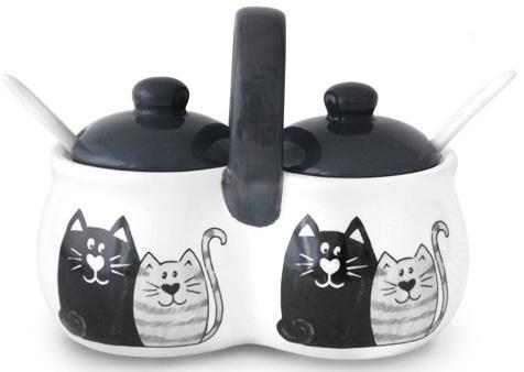 Банка для спецій «Мурчики» подвійна (2х300 мл) керамічна з ложечками, фото 1