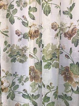 Тюль з льону білого кольору з коричневими квітами на метраж, висота 2.8 м (822-3)