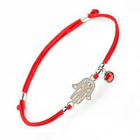Серебряный браслет удачи Family Tree Jewelry на красном шнурке Хамса Рука Фатимы с красной подвеской - Hamsa