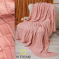 Плед клетка 210х220 см Amore Розовый Вязаный Двусторонний покрывало из Шерсти на двуспальную кровать диван