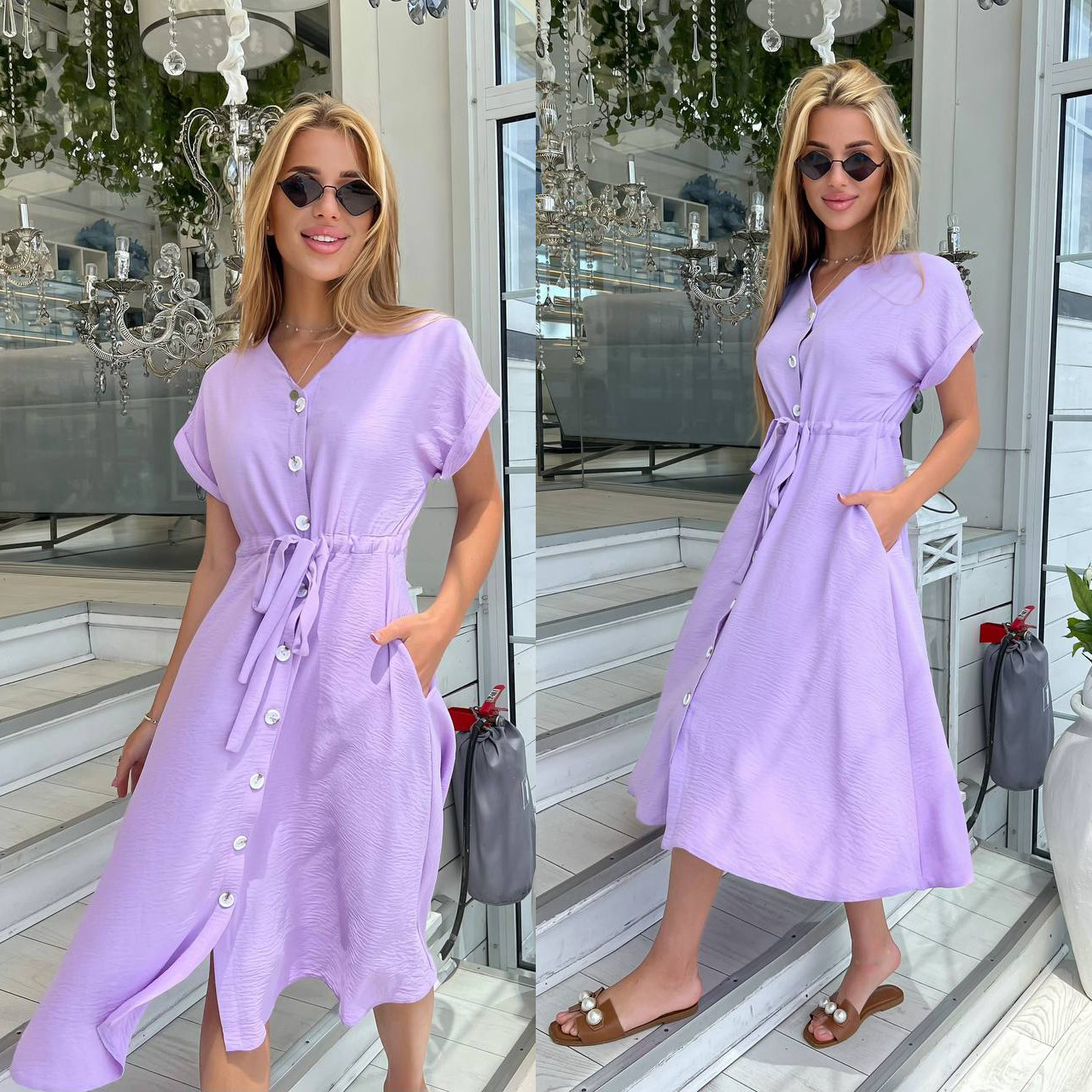Лавандове літнє плаття міді на ґудзиках з американського крепу, фото 1