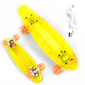 Скейт Пенні борд (прозора дека зі світлом, колеса PU зі світлом, USB-зарядка) Best Board S-50244 Жовтий