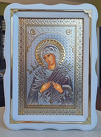 Ікона Пресвята Богородиця Семистрільна в білому дерев'яному фігурному кіоті під склом ,кіот 37*27, сюжет 20*30