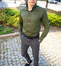 Чоловіча сорочка класична Победов модна молодіжна з довгим рукавом Туреччина хакі. Живе фото