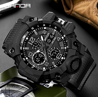 Якісний чоловічий бюджетний наручний годинник sanda Армійський і тактичні чорні