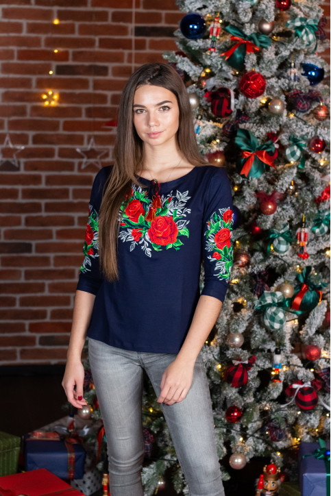 Женская вышитая футболка Вышиванка рукав три четверти Моника темно ...