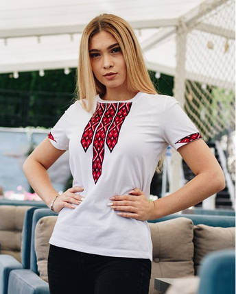Футболка вишиванка жіноча біла з червоним Фортуна, фото 2