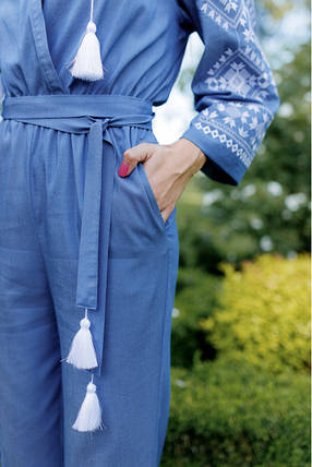 Жіночий літній комбінезон з вишивкою Софі джинс т з білим, фото 2